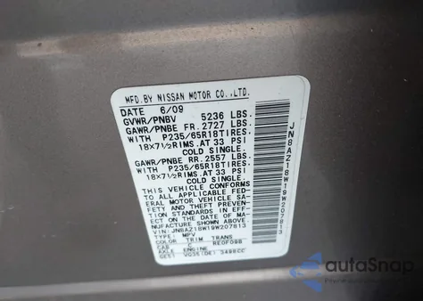 2009 Nissan Murano Sl из США, поврежденный, VIN JN8AZ18W19W207813